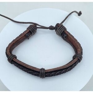 Contemporary Rustic Adjustable Brown Leather Braided Cords Slip Tie Bracelet
